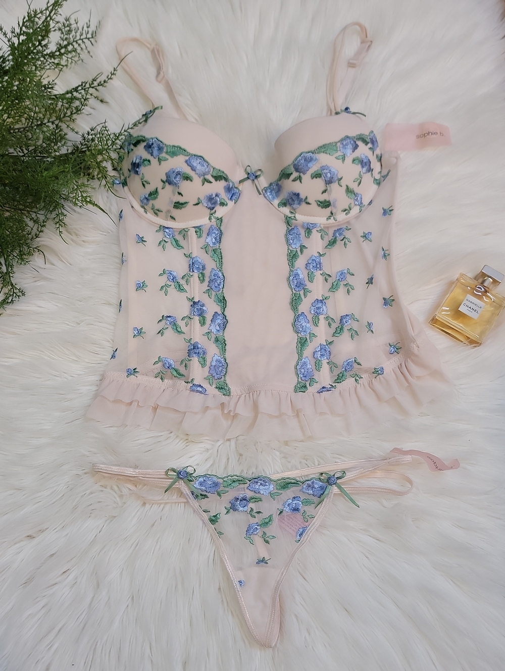 Delicate Floral Embroidered Bustier Set - Blush/Pink